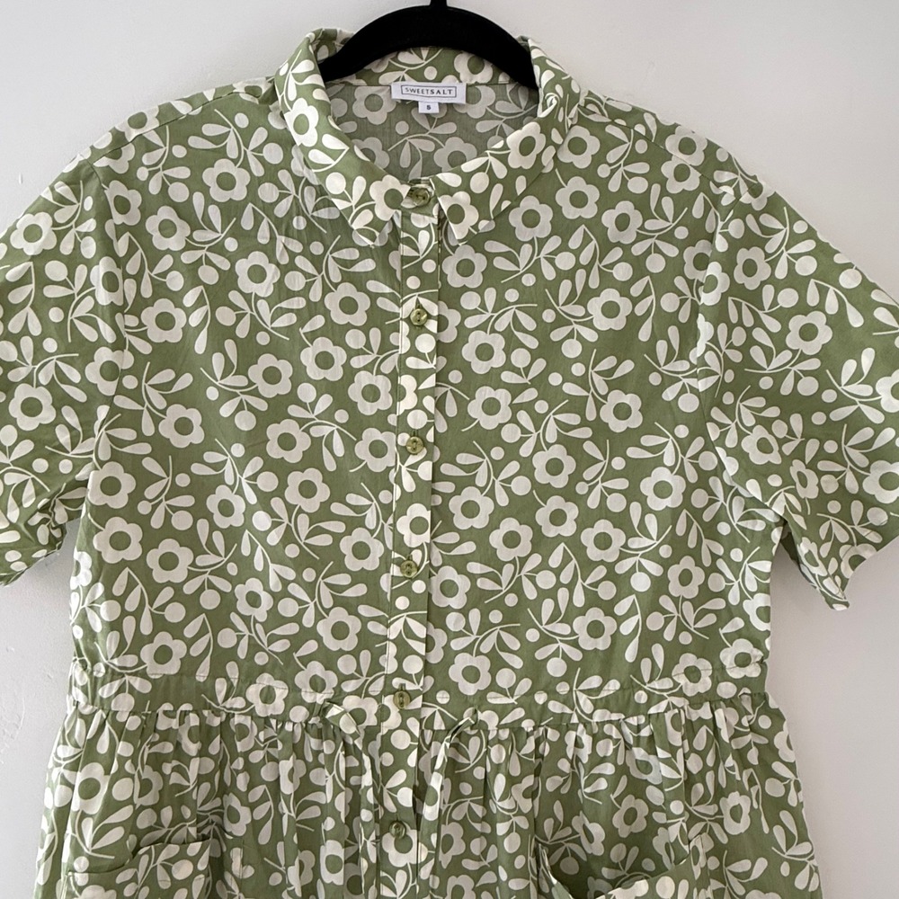 SweetSalt Womens Sage Green Floral Button Down Midi Dress Cotton Pockets Size S